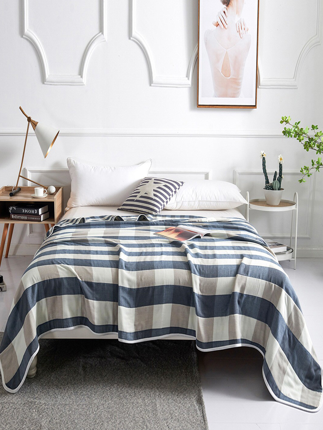 JC HOME Navy Blue & Beige Checked Summer 350 GSM Cotton Single Bed Blanket