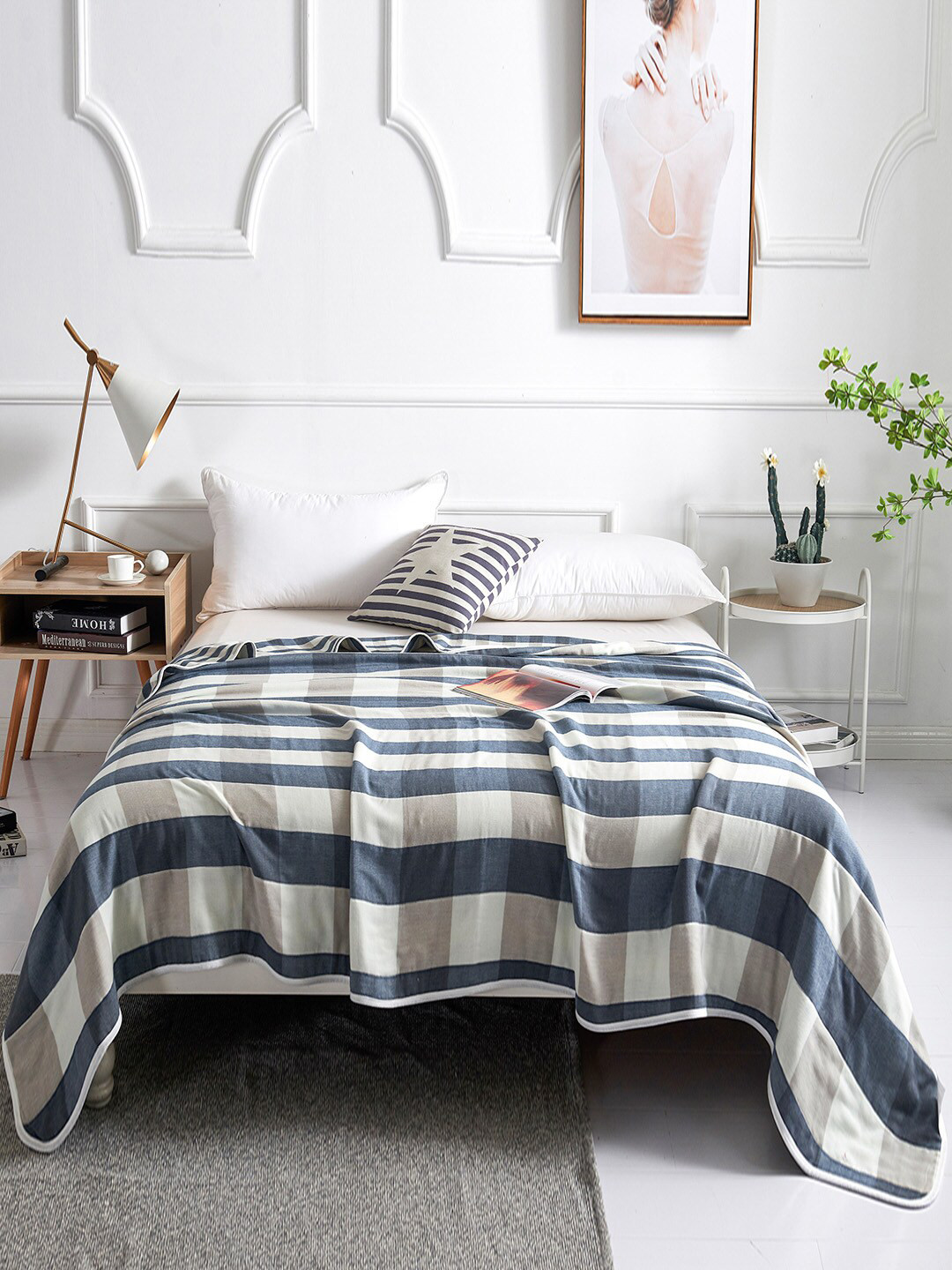 JC HOME Blue & White Checked Summer 350 GSM Double Bed Blanket