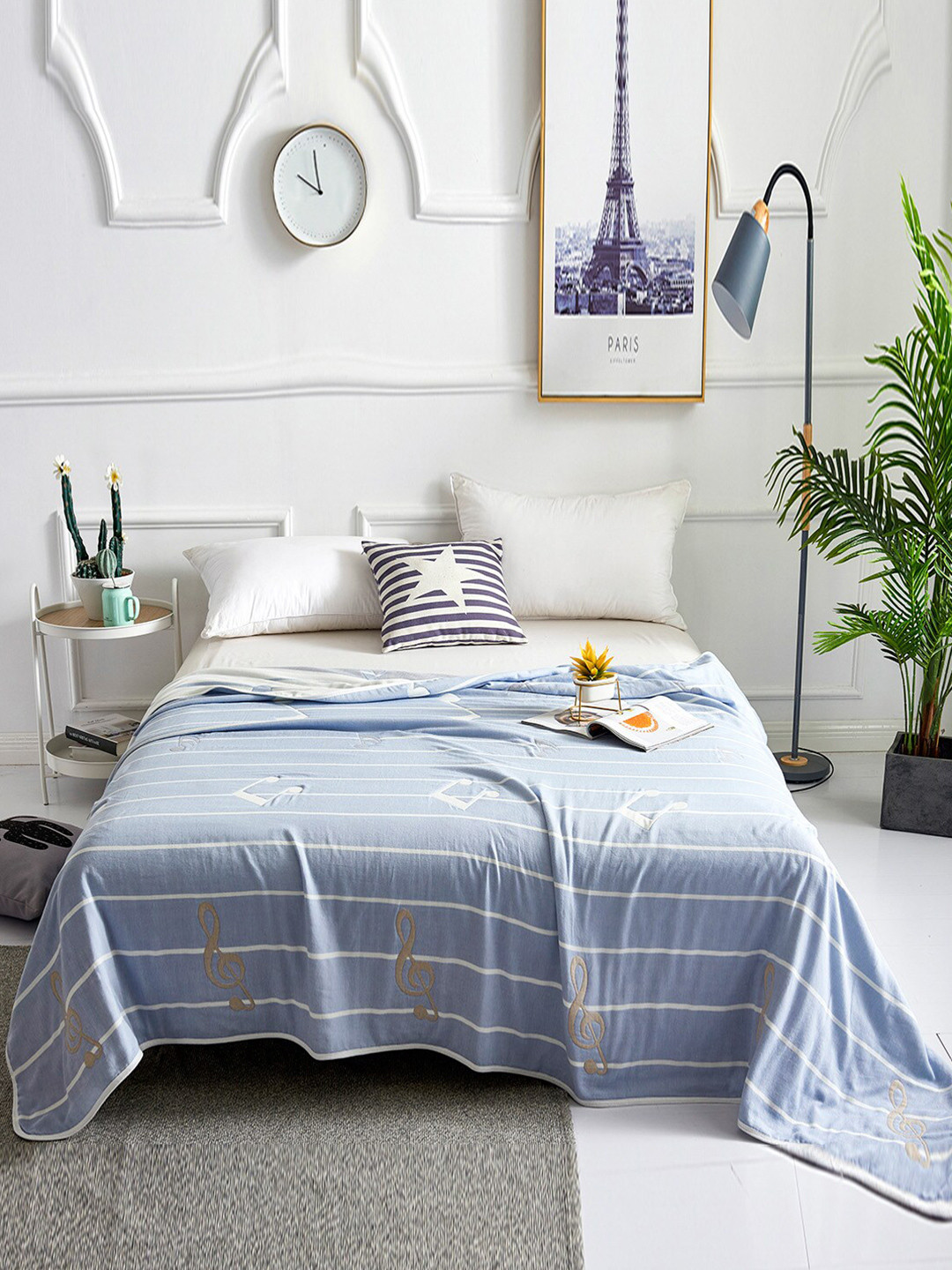 JC HOME Blue & White Striped Summer 350 GSM Cotton Double Bed Blanket