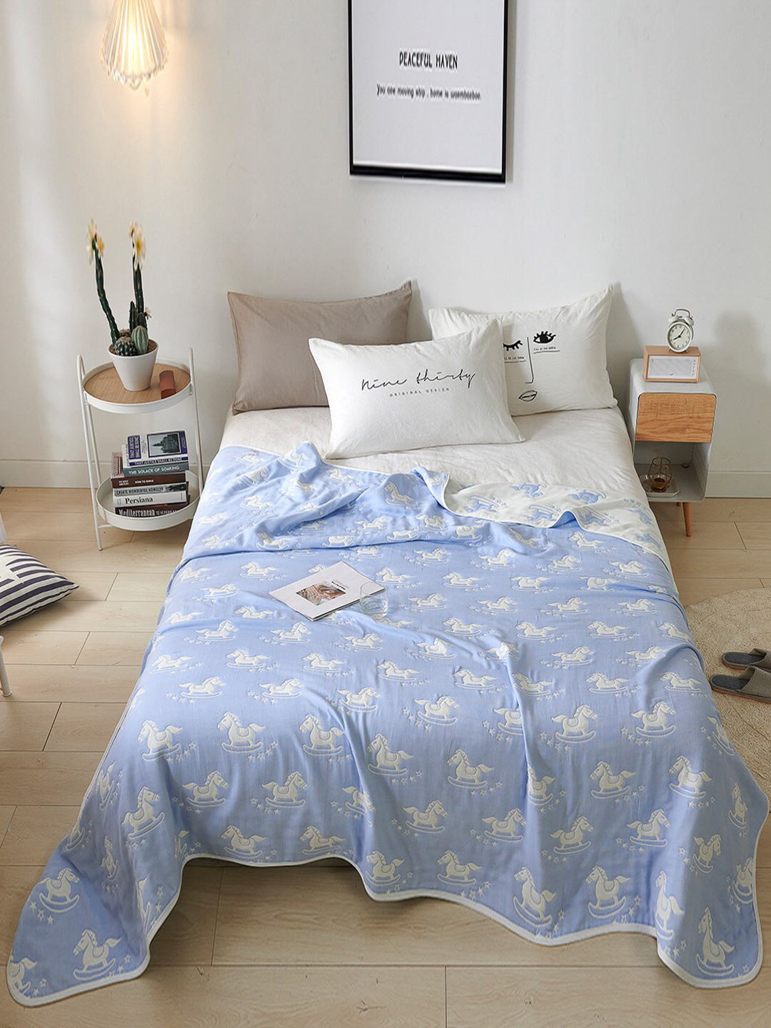 JC HOME Blue & White Summer 350 GSM Double Bed Blanket