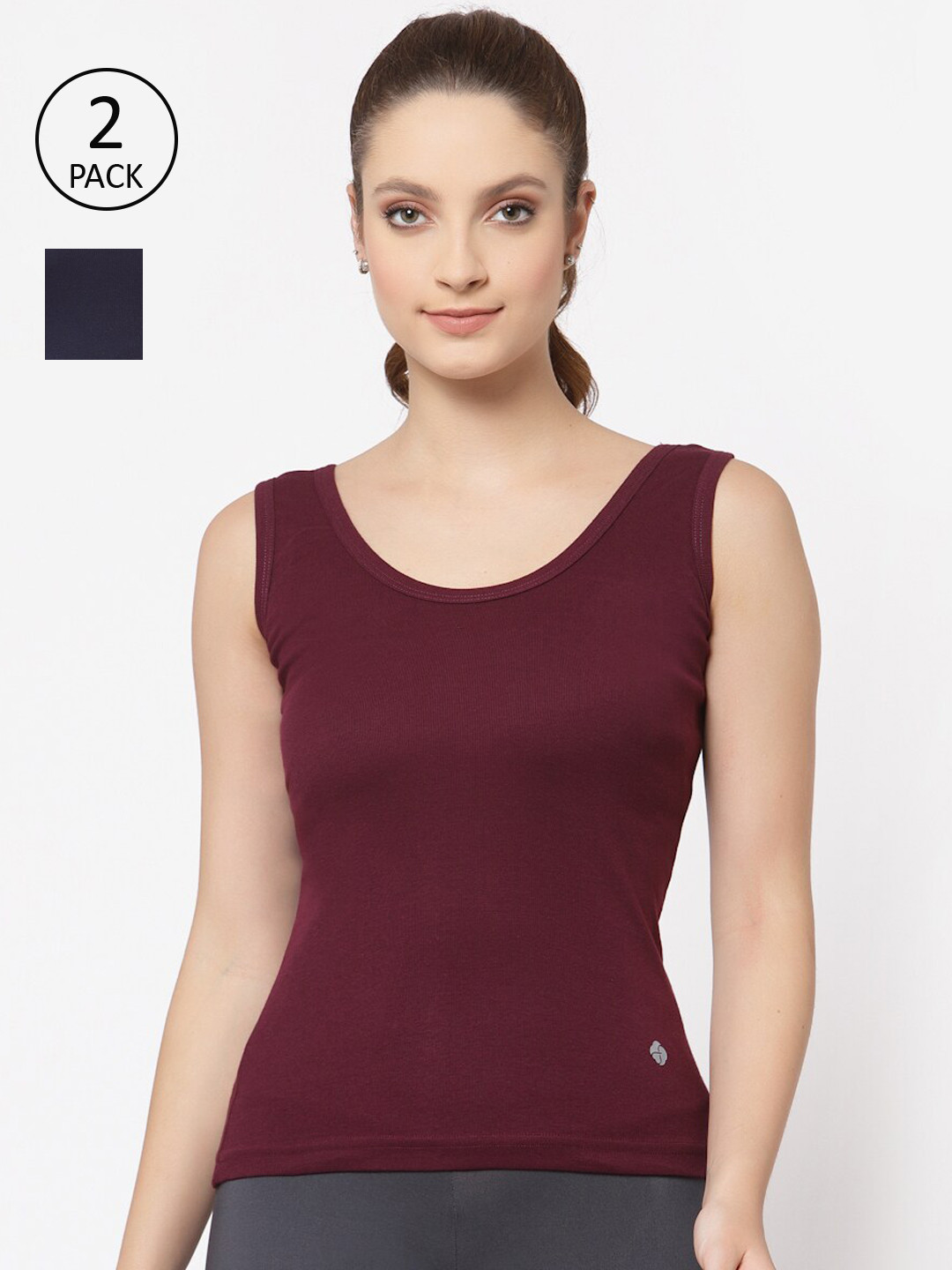 Floret Women Pack Of 2 Burgundy and Blue Solid Cotton Camisoles