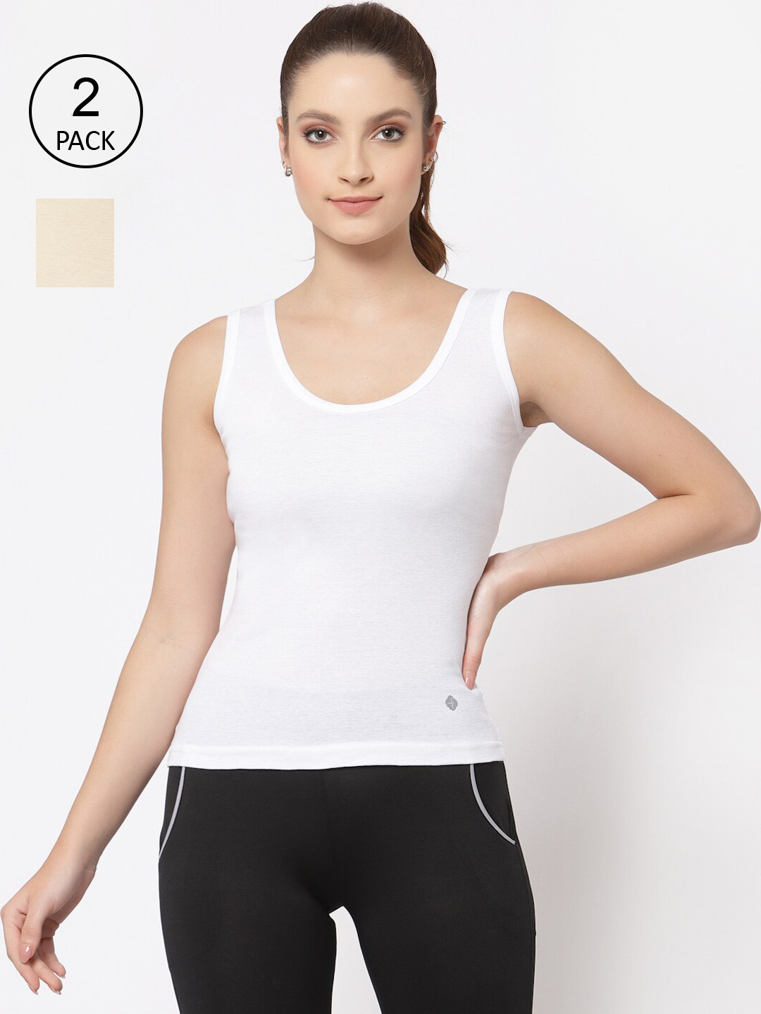 Floret Women Pack of 2 White & Beige Solid Cotton Camisoles