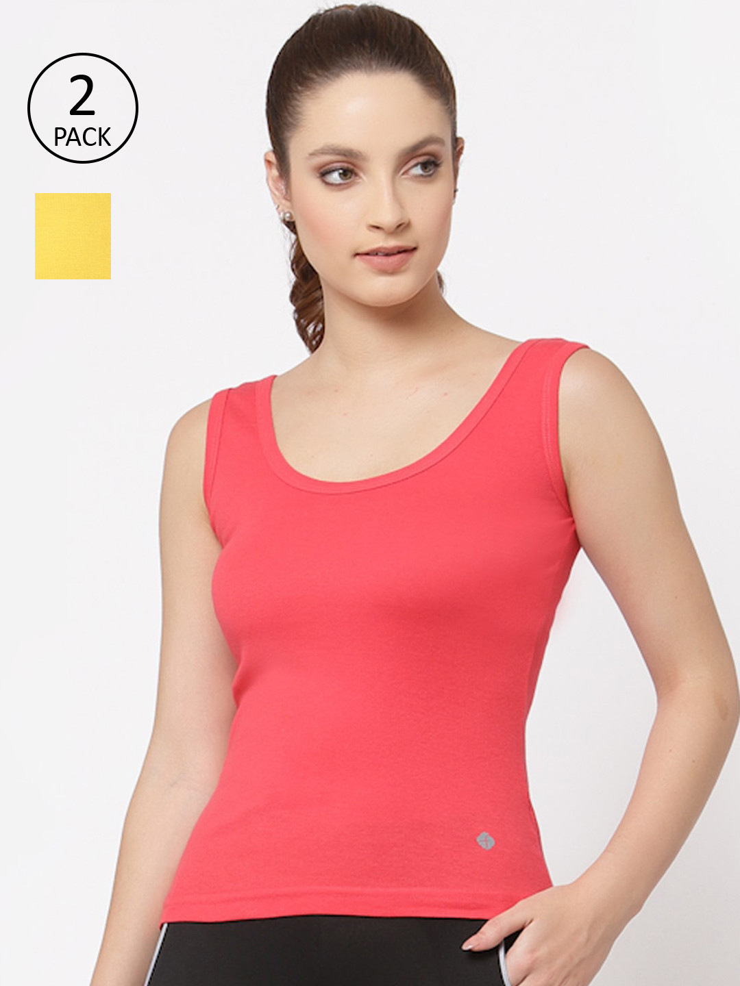 Floret Women Pack of 2 Tomato Red & Yellow Cotton Camisoles