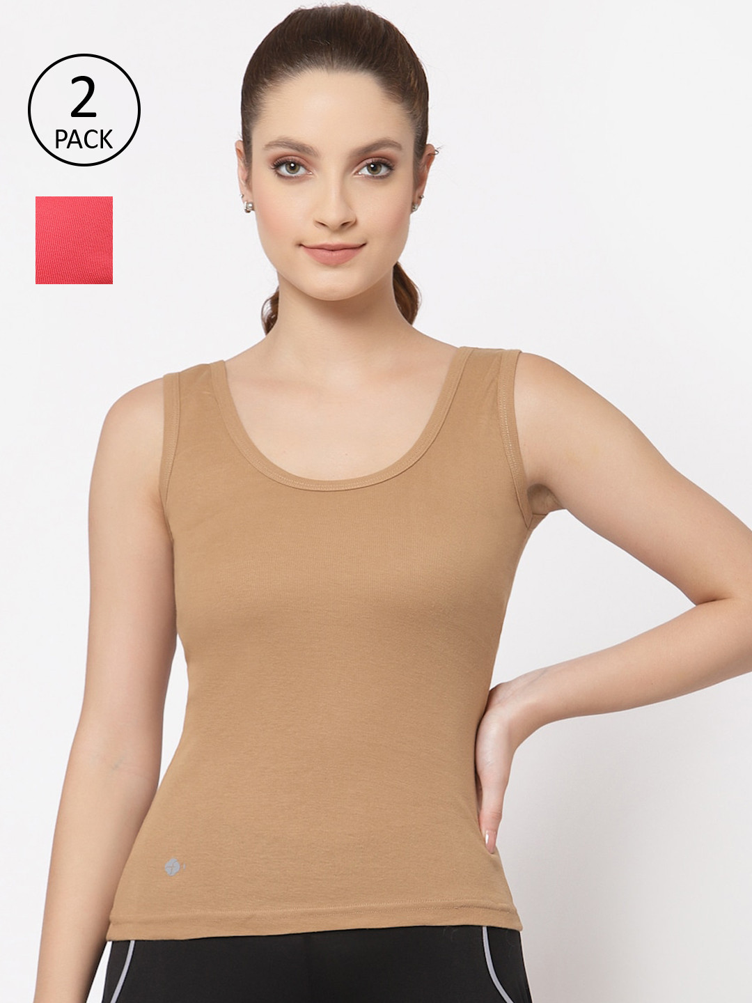 Floret Women Pack of 2 Solid Nude & Tomato-Red Cotton Camisoles