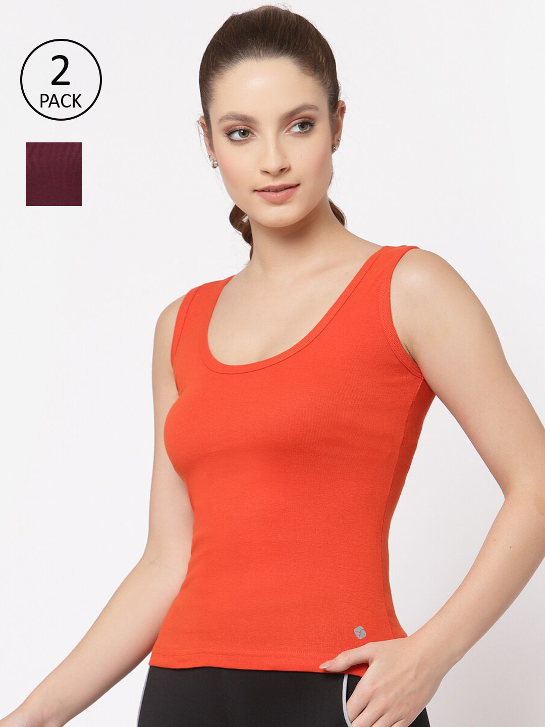 Floret Women Pack of 2 Orange & Wine Solid Cotton Camisoles