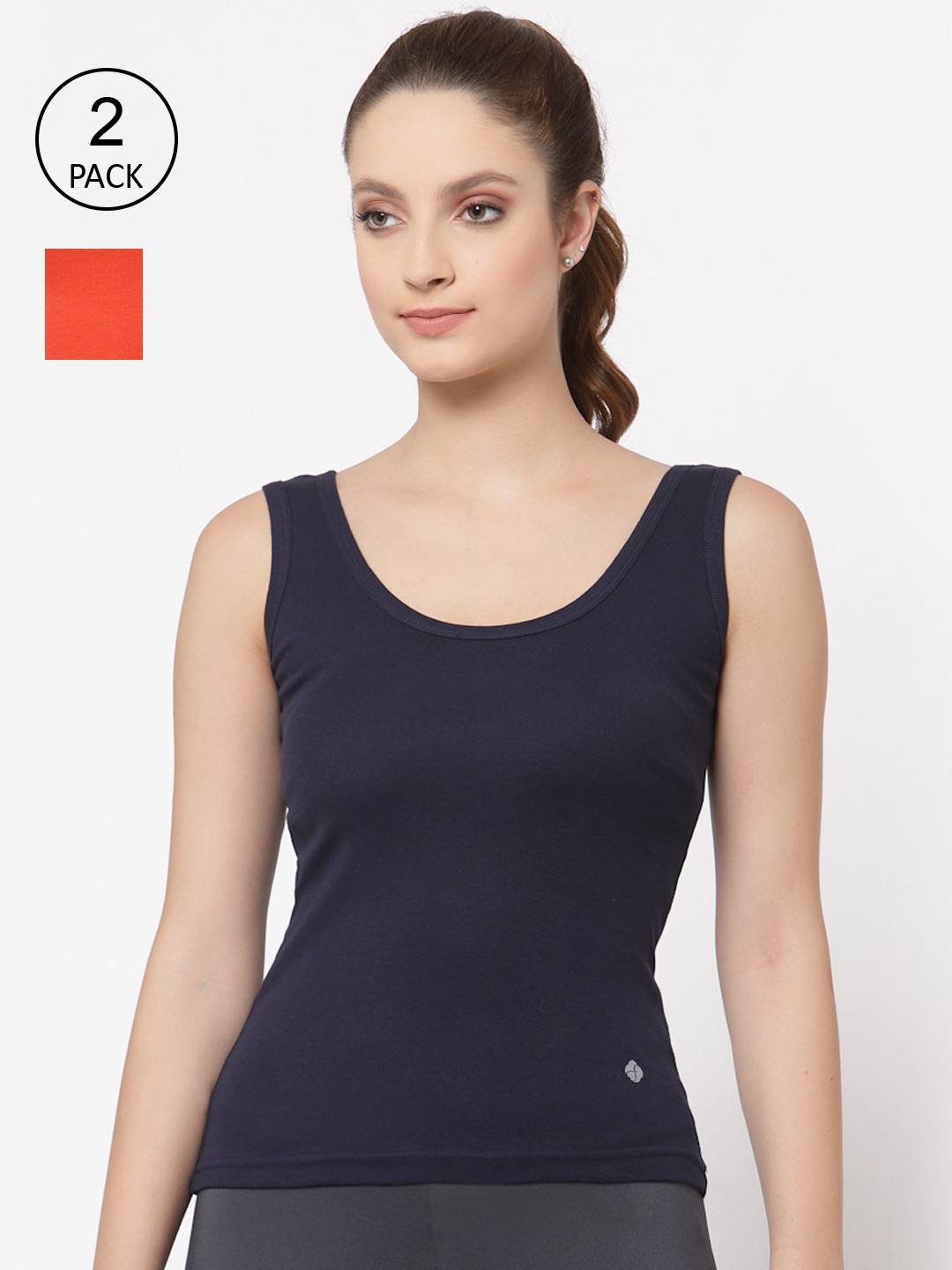 Floret Women Pack Of 2 Navy Blue & Orange Solid Cotton Camisoles