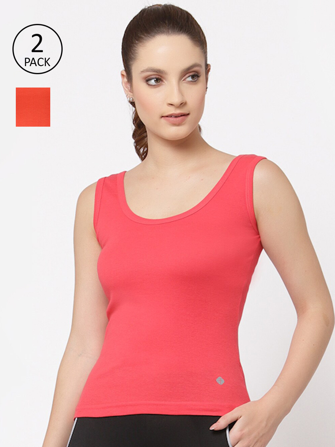 Floret Women Pack Of 2 Rose & Coral Solid Cotton Camisoles