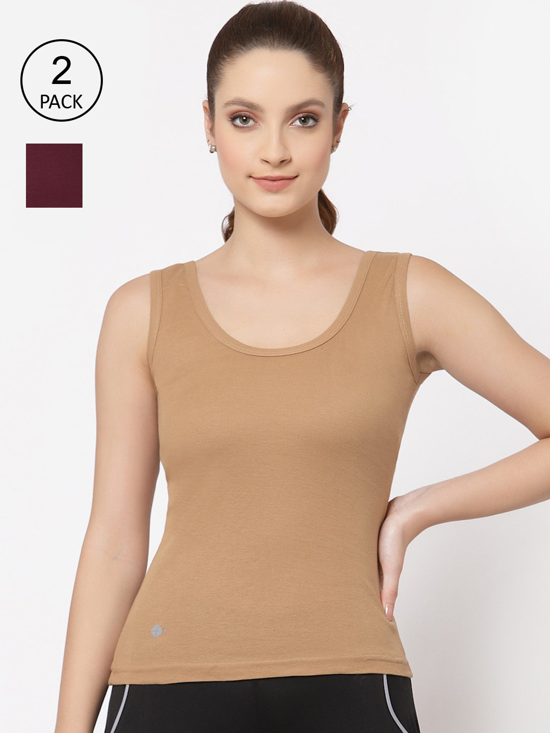 Floret Women's Pack Of 2 Nude & Burgundy Solid Cotton Camisoles