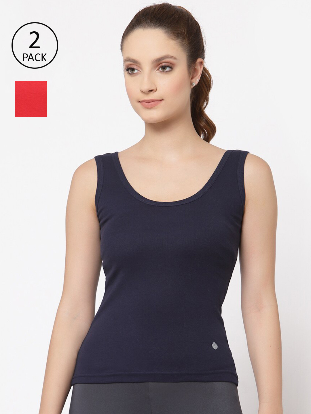 Floret Pack Of 2 Navy Blue & Red Solid Cotton Assorted Camisoles
