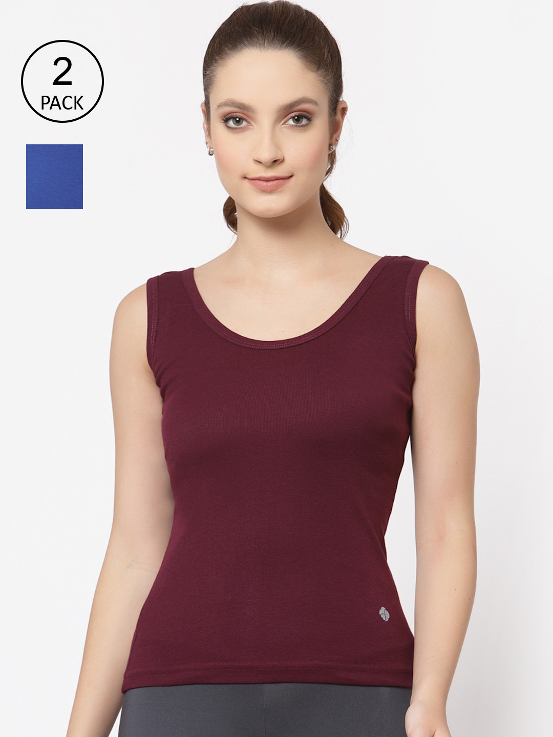 Floret Women Pack of 2 Blue & Burgundy Solid Camisoles