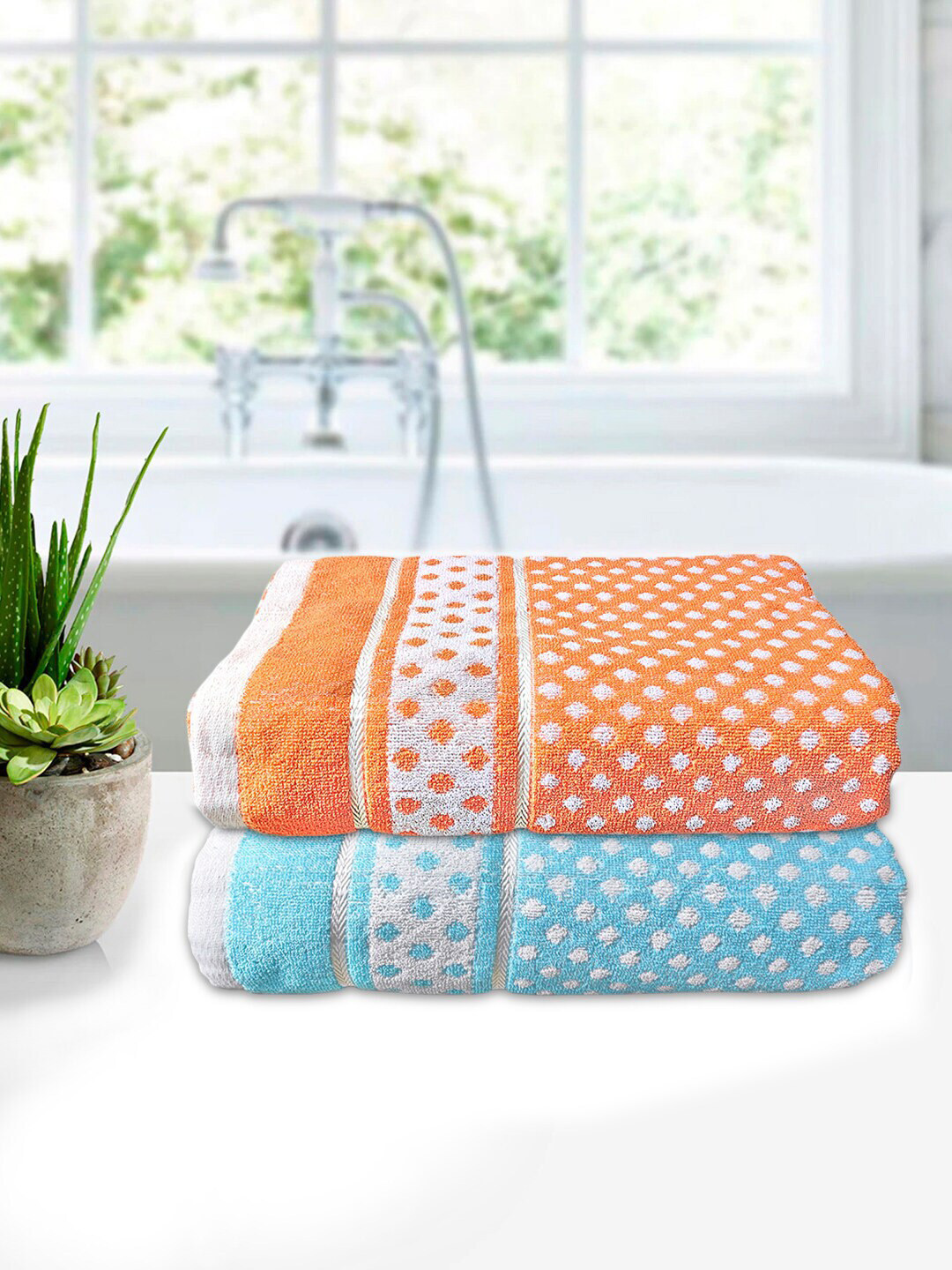 Kuber Industries Orange & Blue Pack Of 2 Cotton Bath Towels