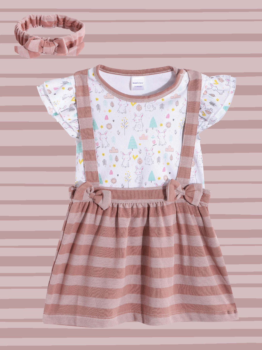 Moms Love Infant Girls White & Peach-Coloured Cotton Printed Top with Skirt & Hairband