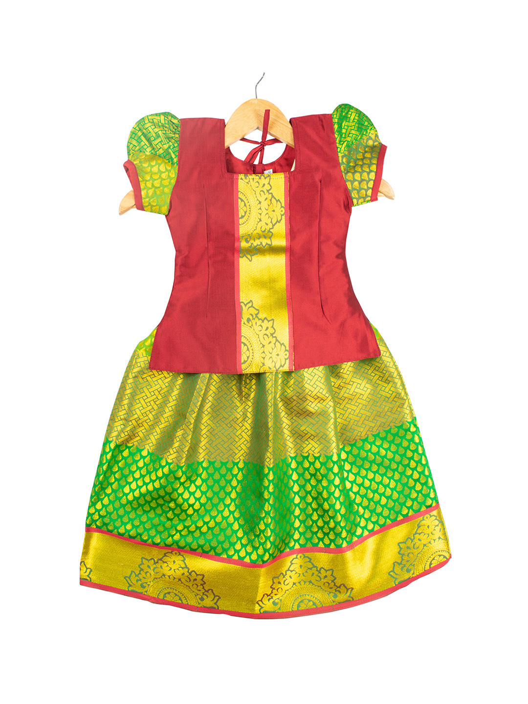 AMIRTHA FASHION Girls Maroon & Green Embellished Ready to Wear Lehenga & Blouse