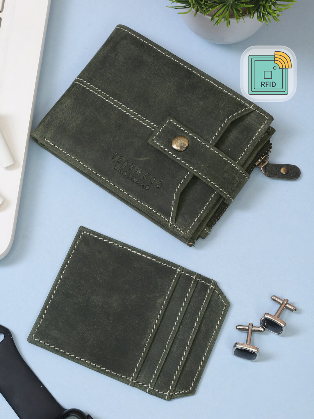 Teakwood Leathers Men Olive Solid Leather RFID Protected Two Fold Wallet