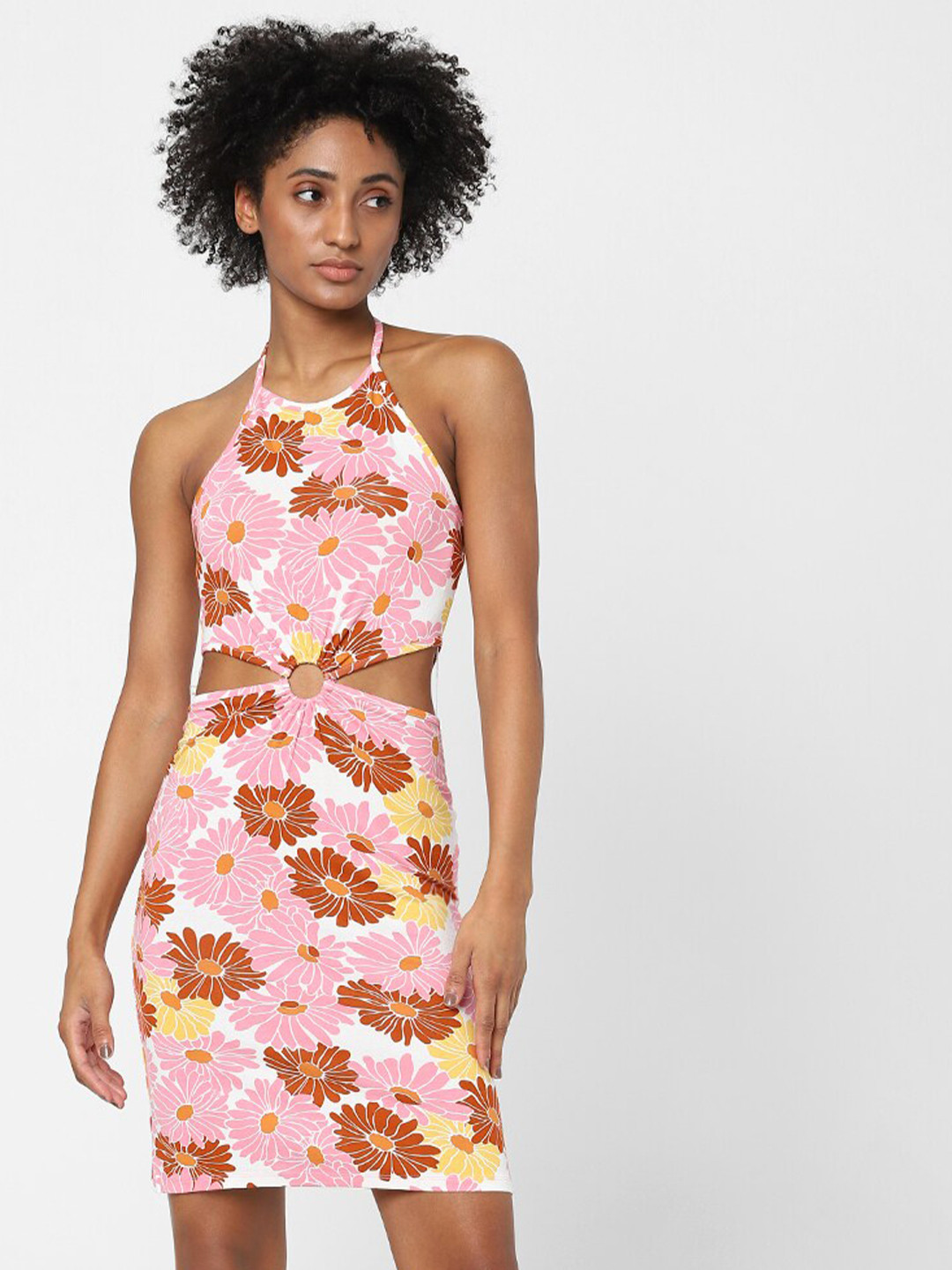 ONLY White & Pink Floral Halter Neck Sheath Dress
