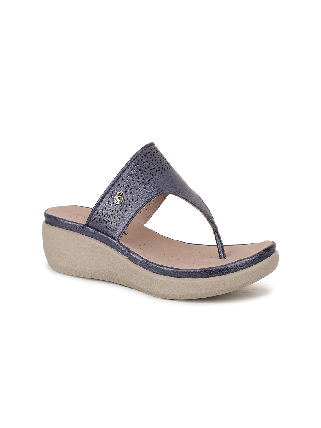 Hush Puppies Blue Leather Wedge Sandals with Laser Cuts