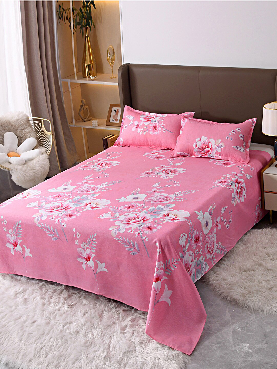 JC HOME Pink & White Printed Double King Bedding Set With Quilt Cover