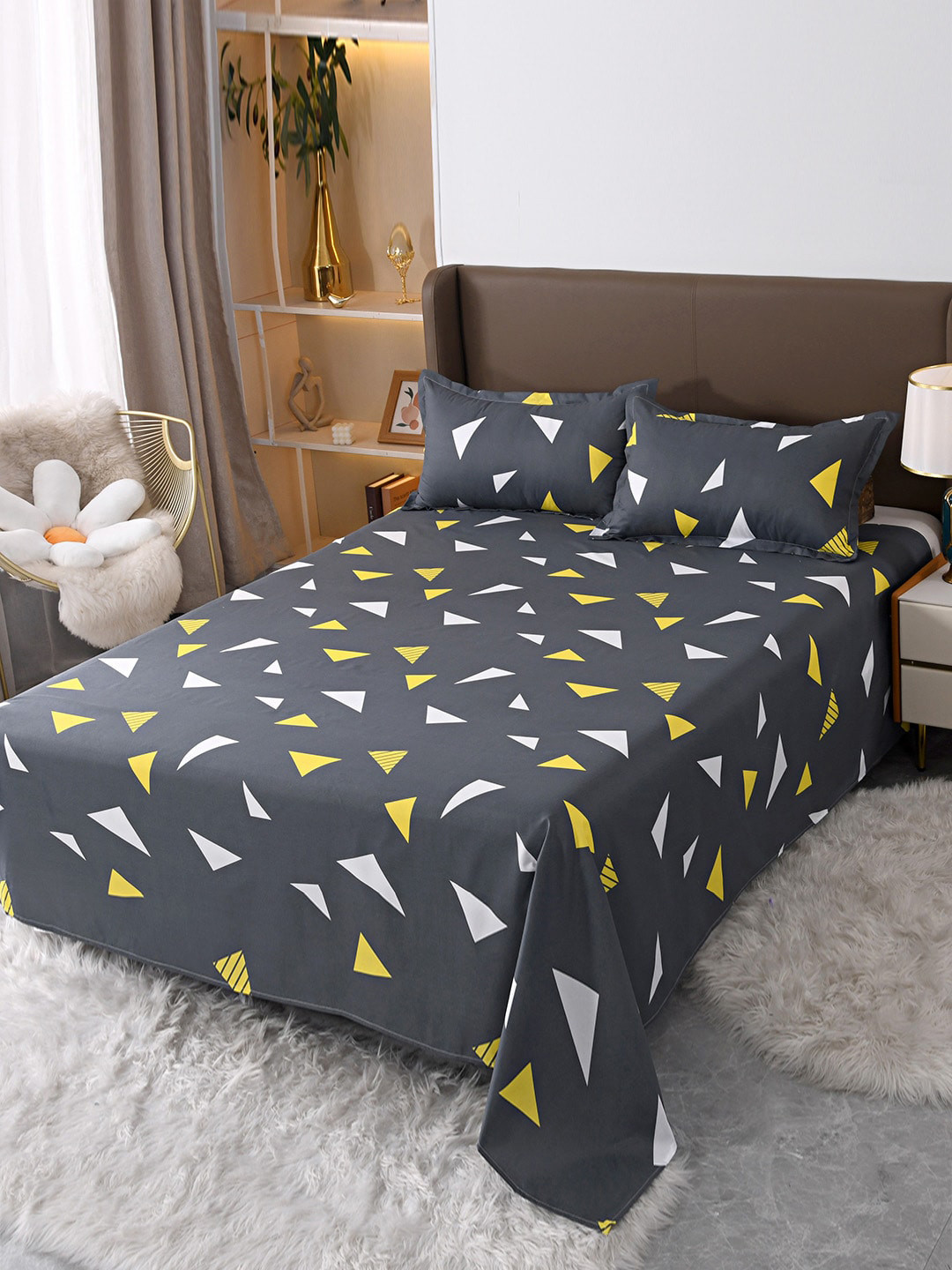 JC HOME Grey & Yellow Geometric Printed Double King Bedding Set