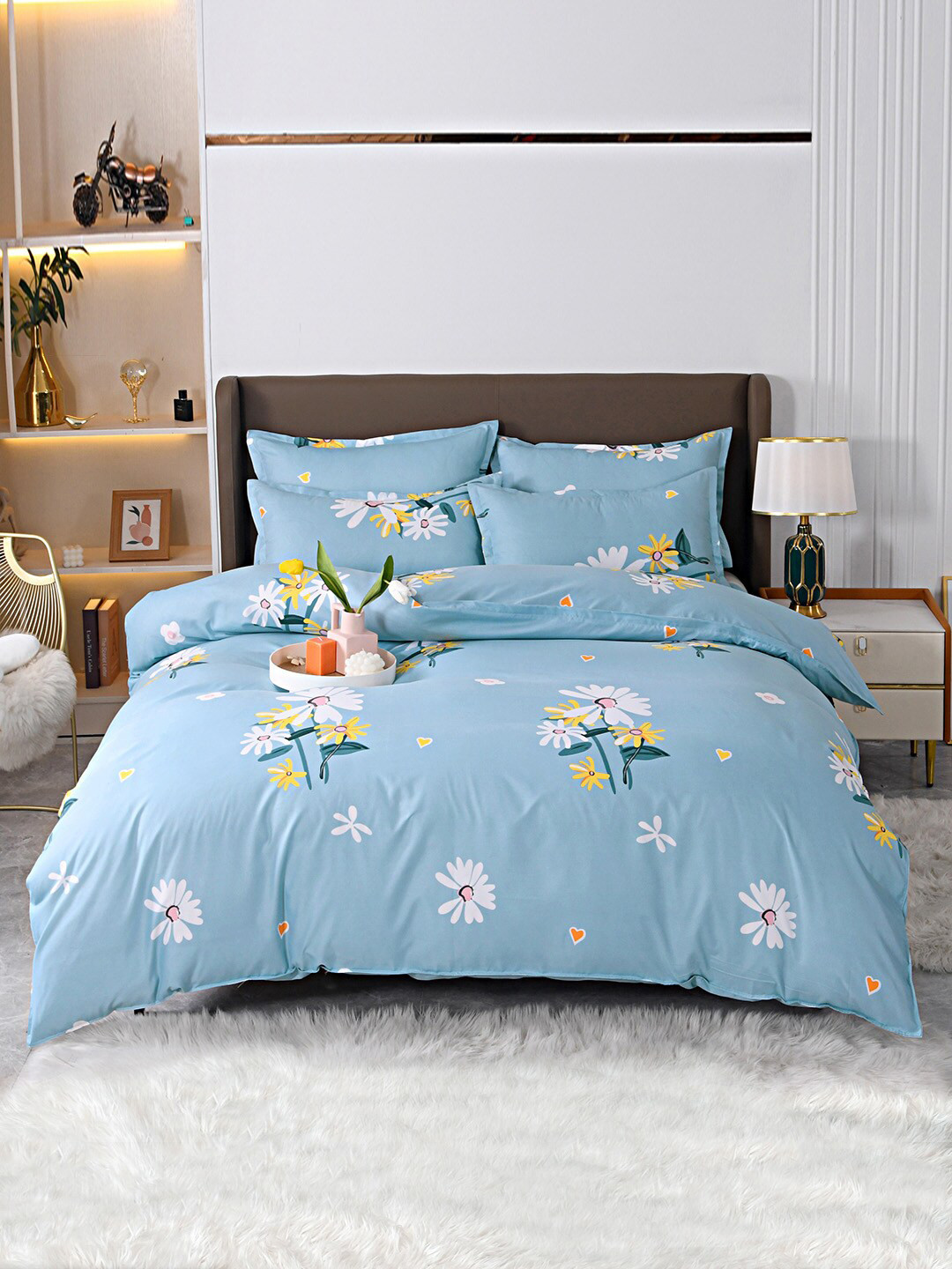 JC HOME Blue & White Printed Single Bedding Set