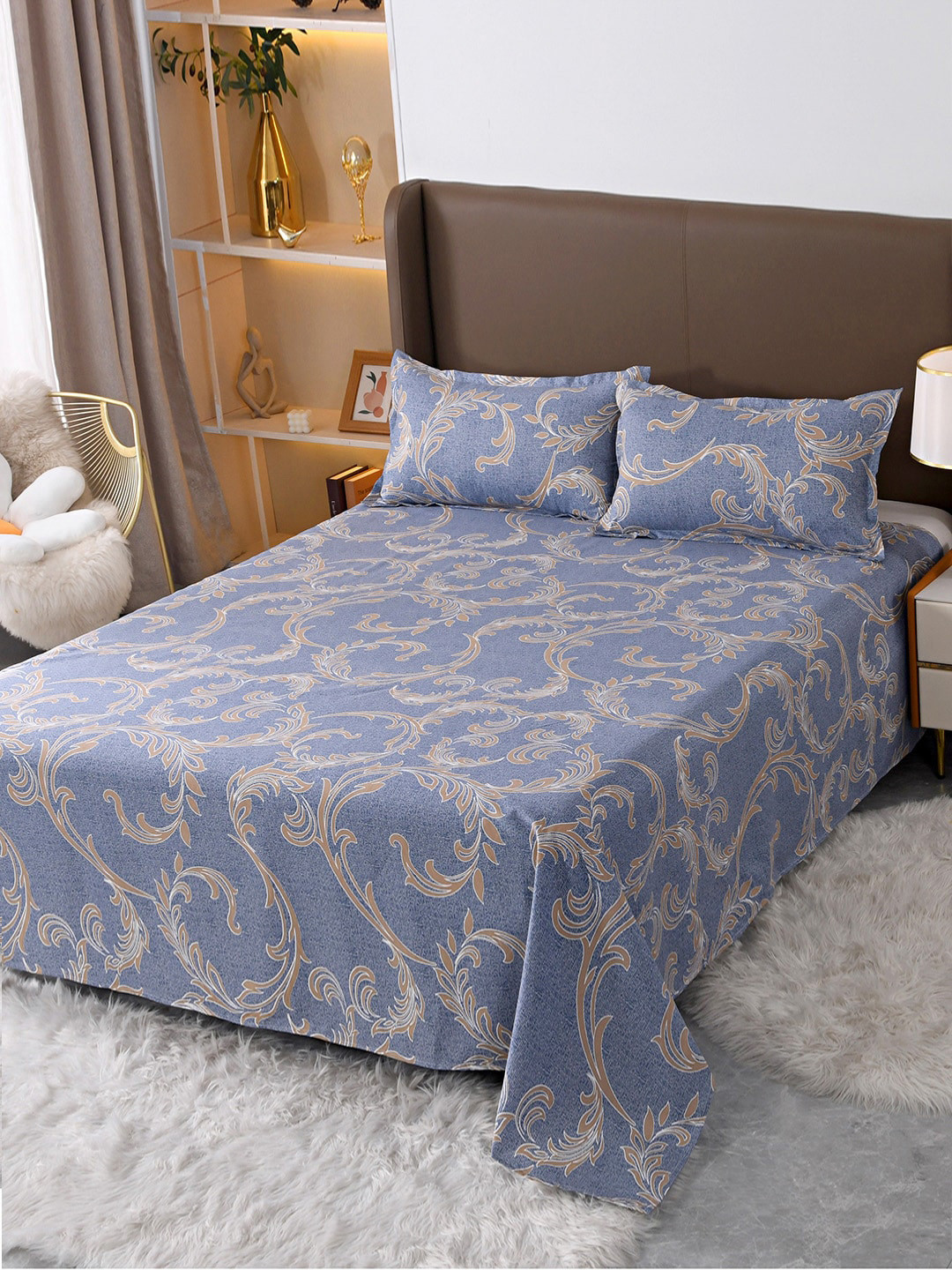 JC HOME Blue Printed Single Bedding Set With 2 Pillow Covers & Quilt Cover