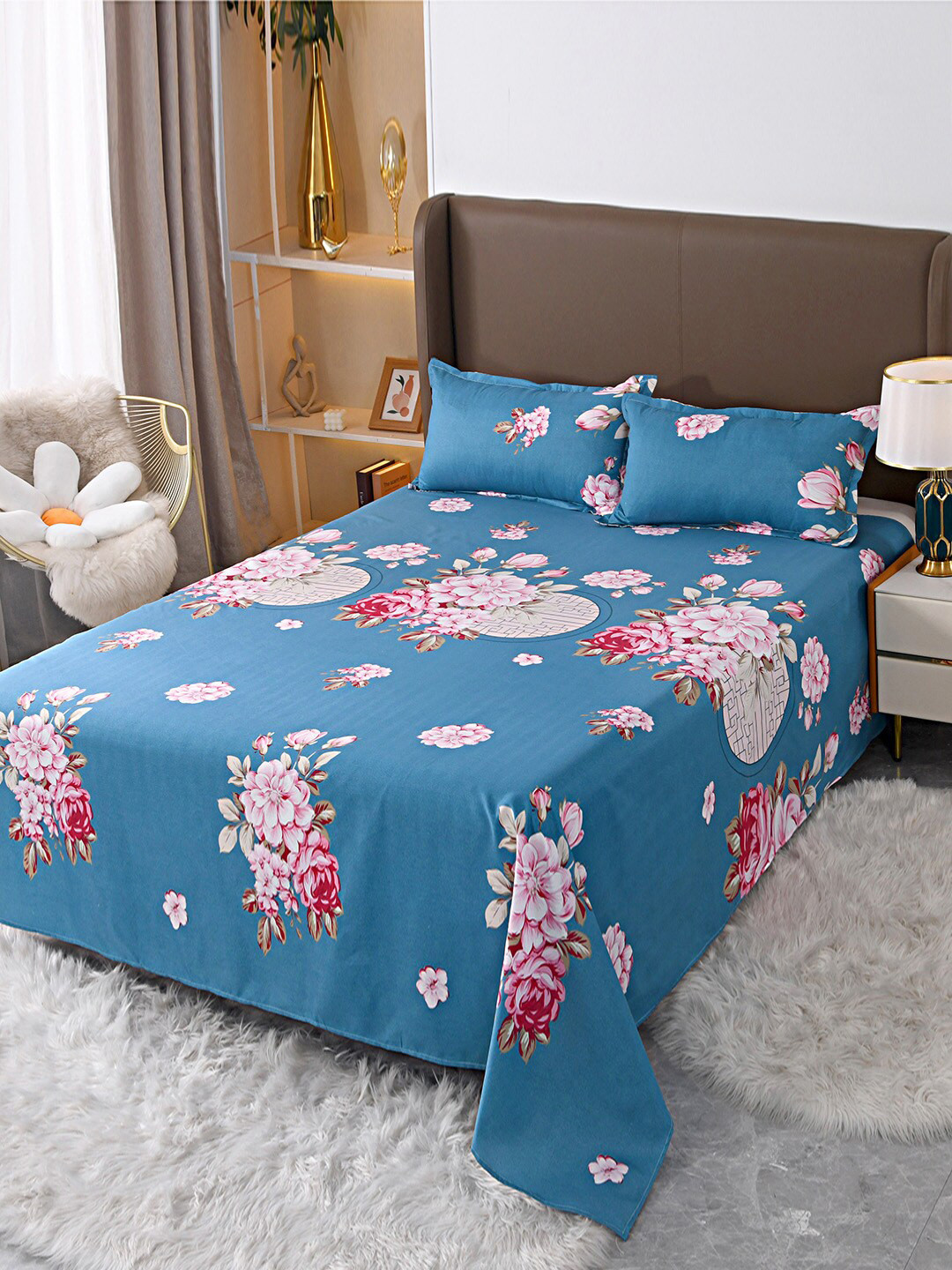 JC HOME Blue Floral Printed Single Sheet With 2 Pillow Cover & A Quilt Cover
