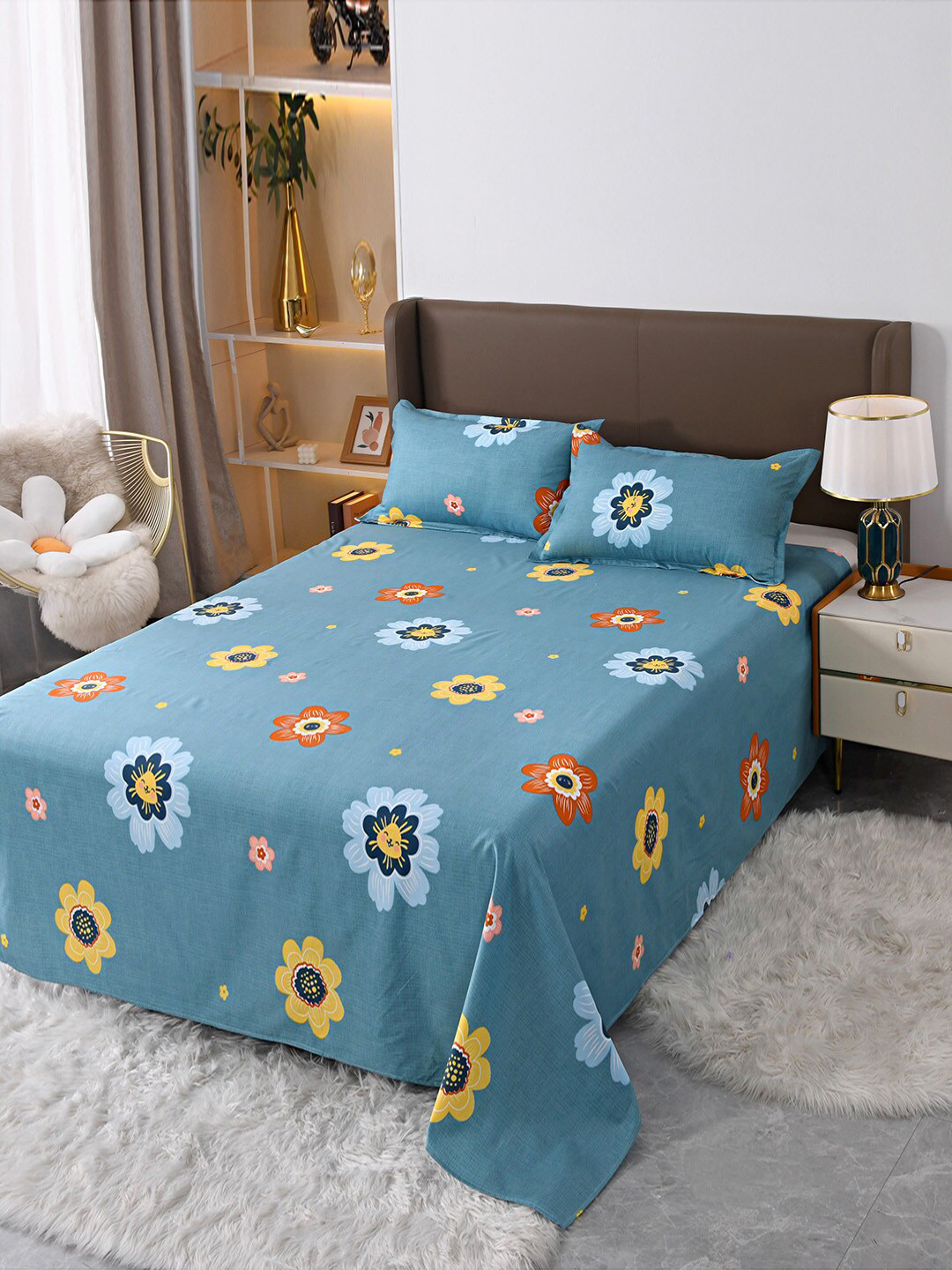 JC HOME Blue & Yellow Printed Double King Bedding Set With Quilt Cover