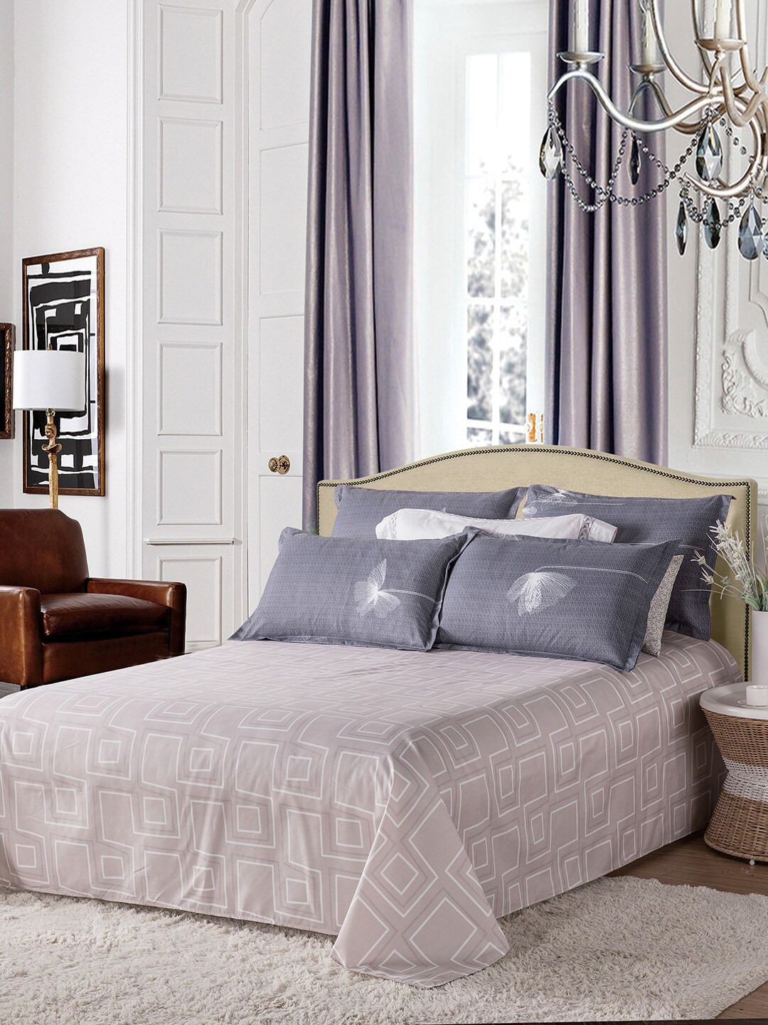 JC HOME Grey & White Printed Double Queen Bedding Set With Quilt Cover