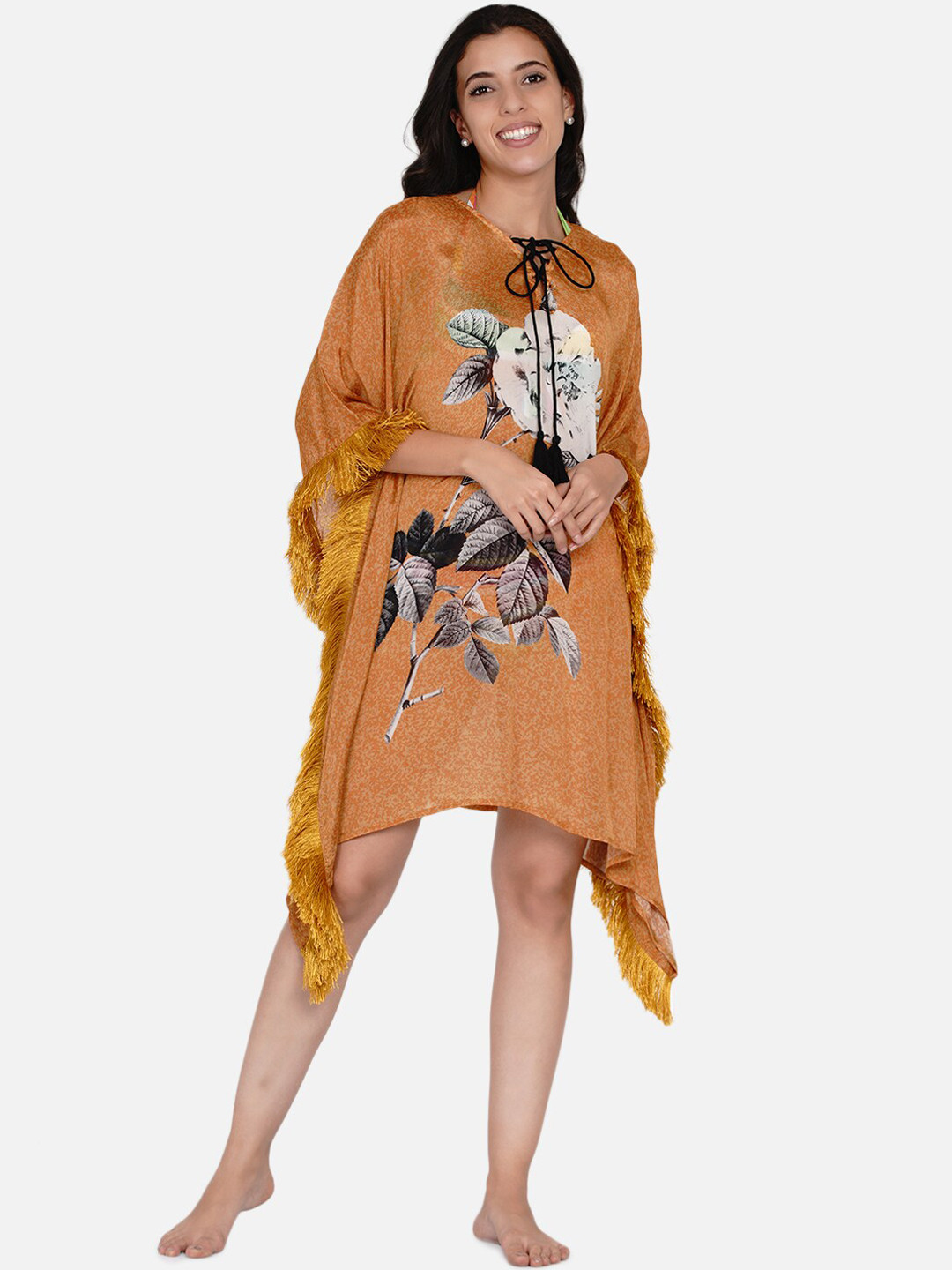 The Kaftan Company Women Mustard-Yellow & White Printed Sheer Kaftan Cover-Up Dress