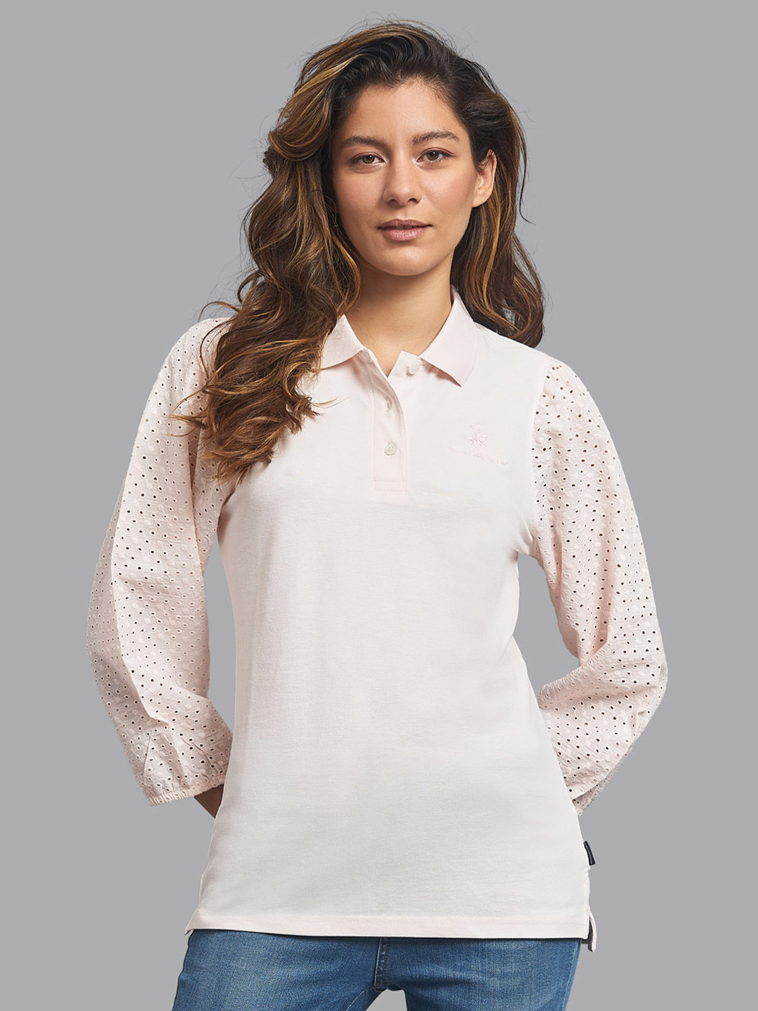 Beverly Hills Polo Club Women Cream-Coloured Polo Collar T-shirt