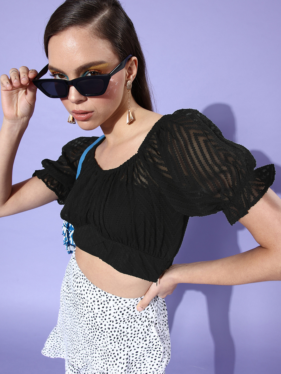 StyleCast Black Self-Design Sheer Saga Top