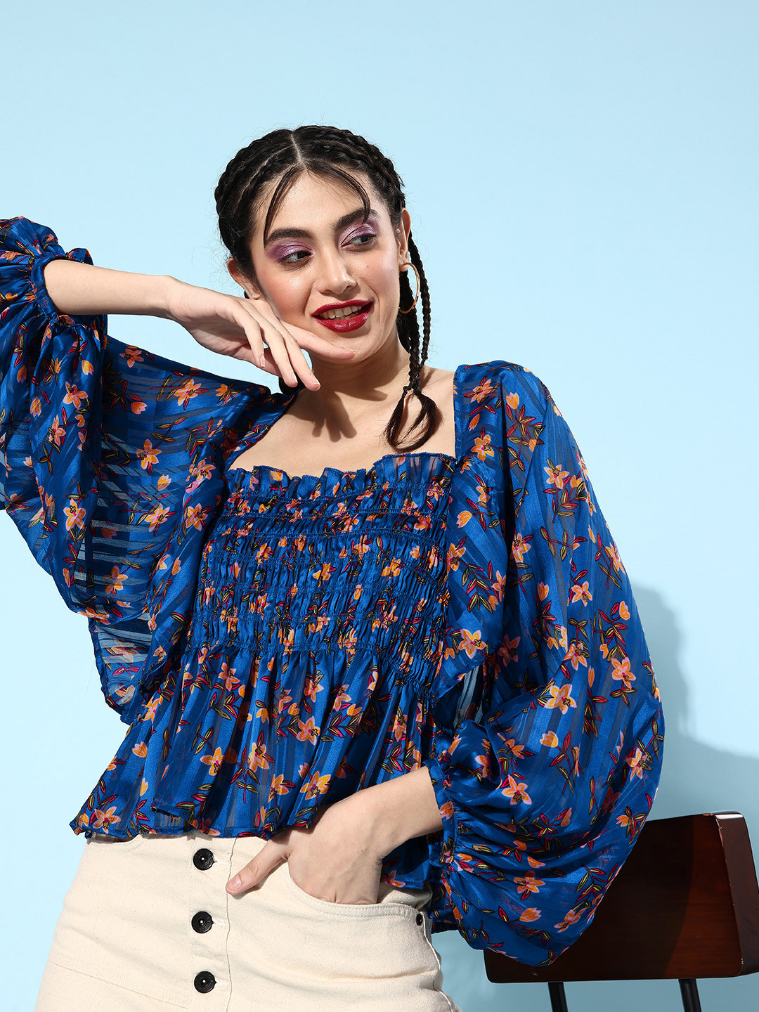 StyleCast Blue & Peach-Coloured Floral Printed Smocked Slit Puff Sleeves Peplum Top