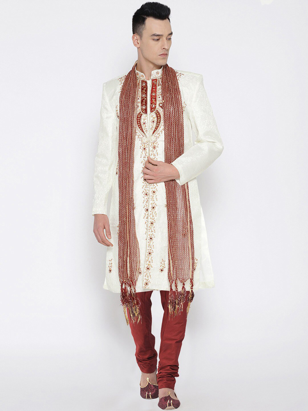 SG LEMAN Men Off White and Red Embellished Sherwani Set