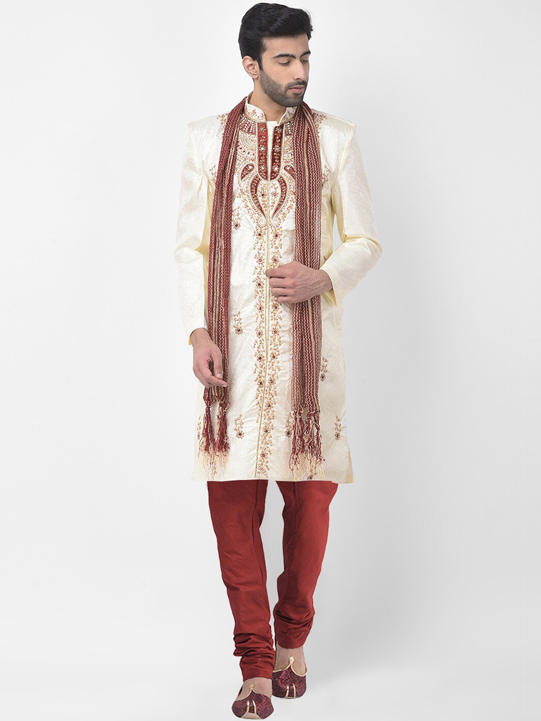 SG LEMAN Men Cream-colored & Maroon Embellished Sherwani Set