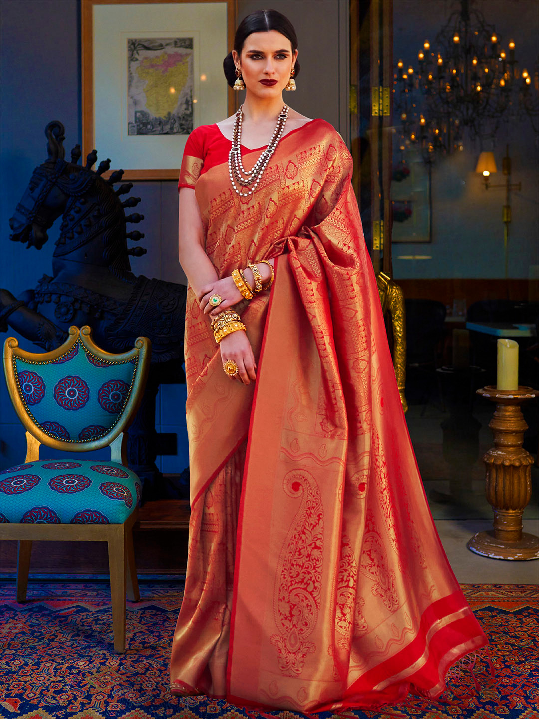 Mitera Red & Gold-Toned Zari Silk Blend Kanjeevaram Saree