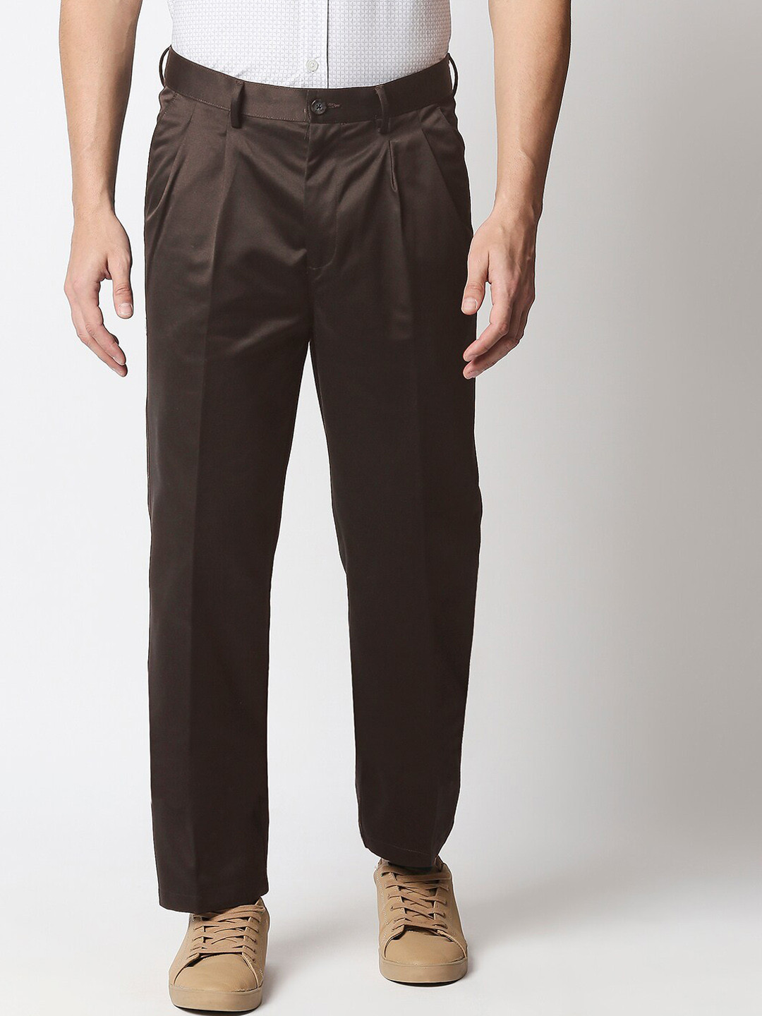 Basics Men Brown Pleated Satin Weave Trousers