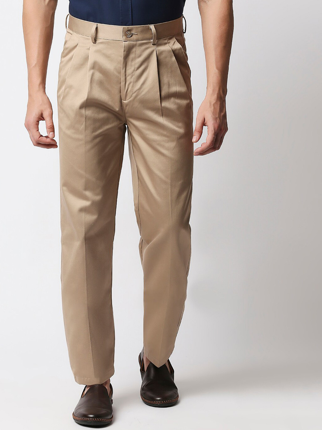 Basics Men Khaki Pleated Shiny Satin Weave Trousers