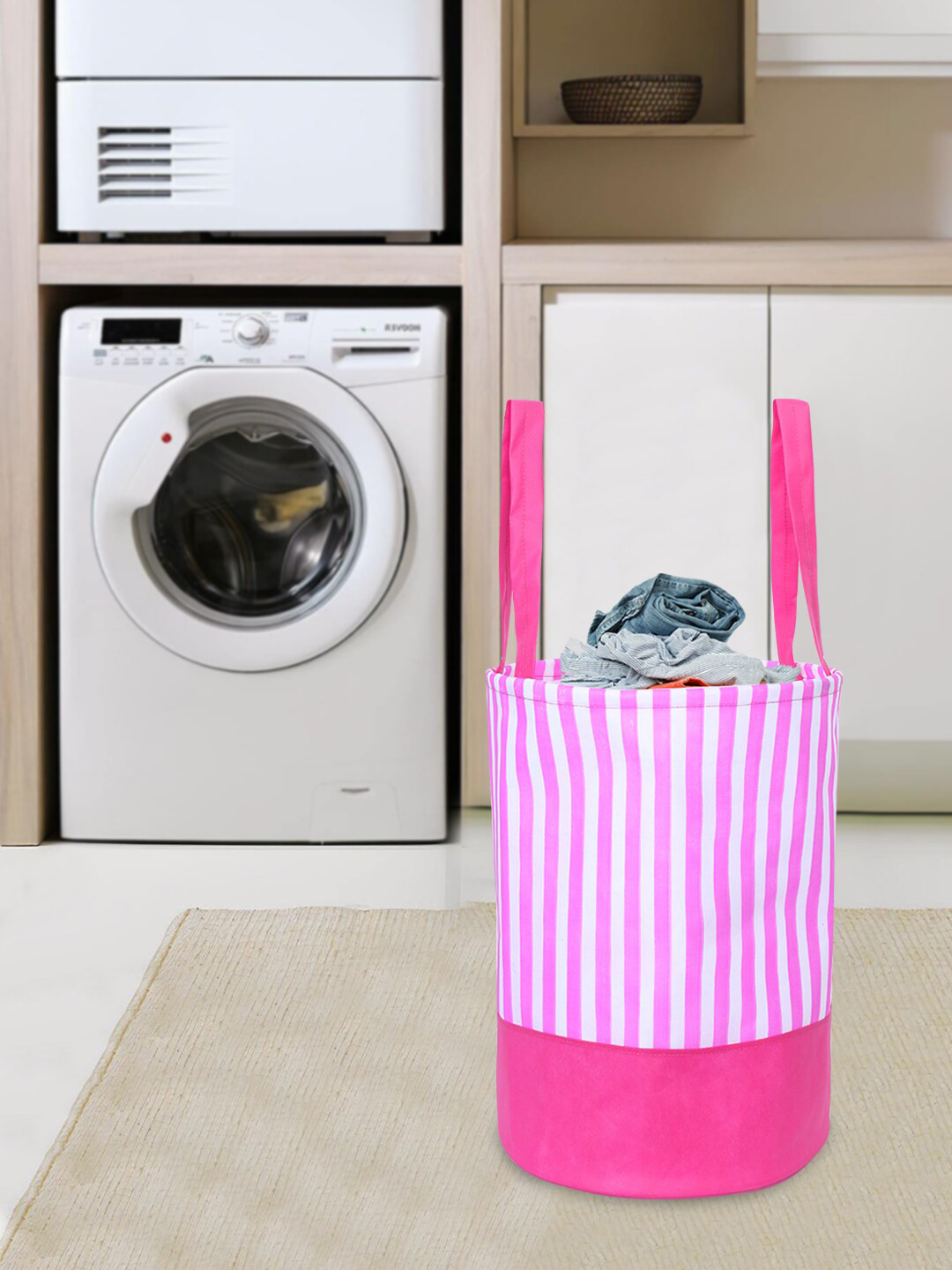 prettykrafts Pink Striped Foldable Laundry Bag