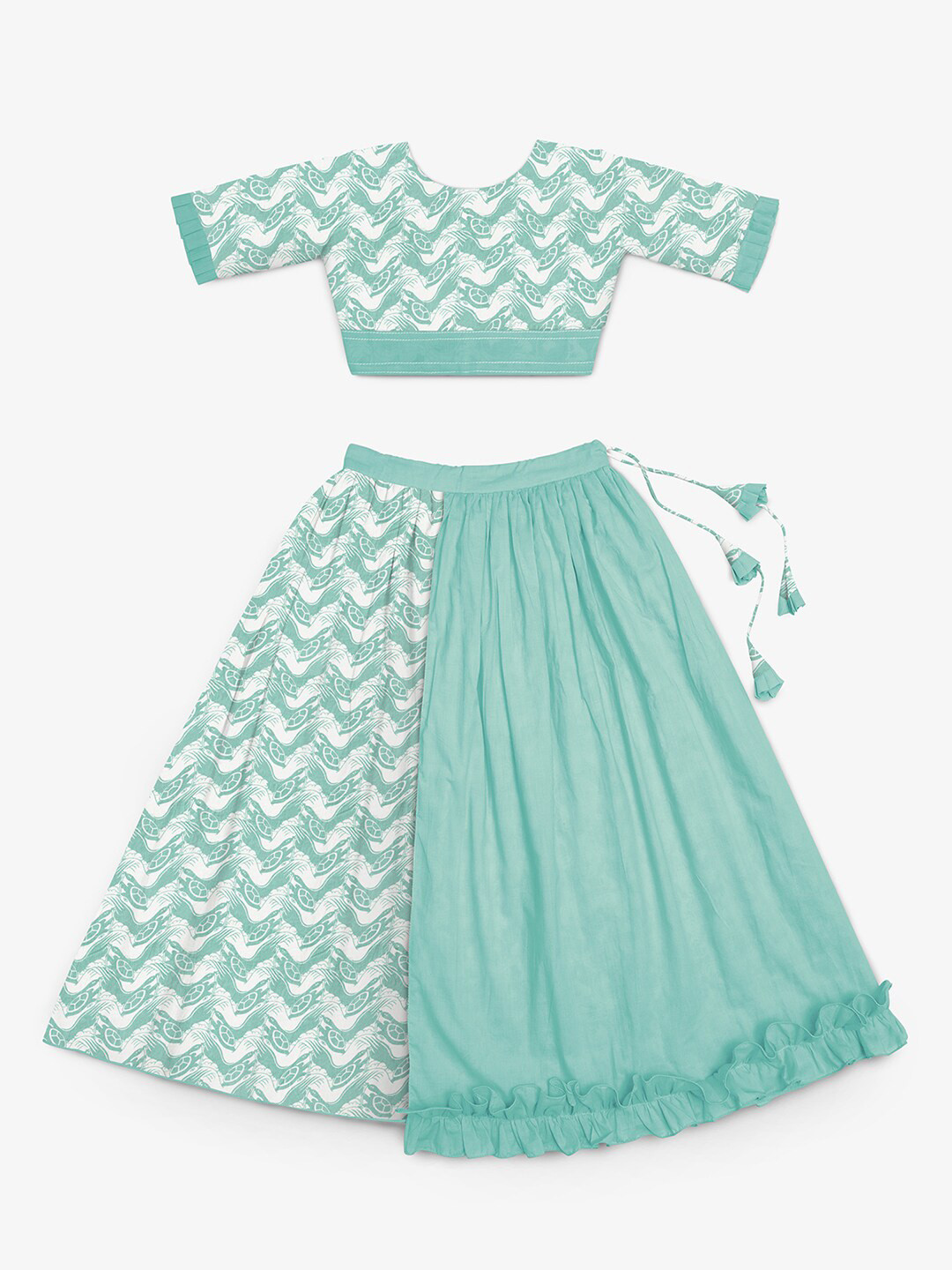 STORY TAILOR Girls Sea Green & White Printed Ready to Wear Lehenga Choli