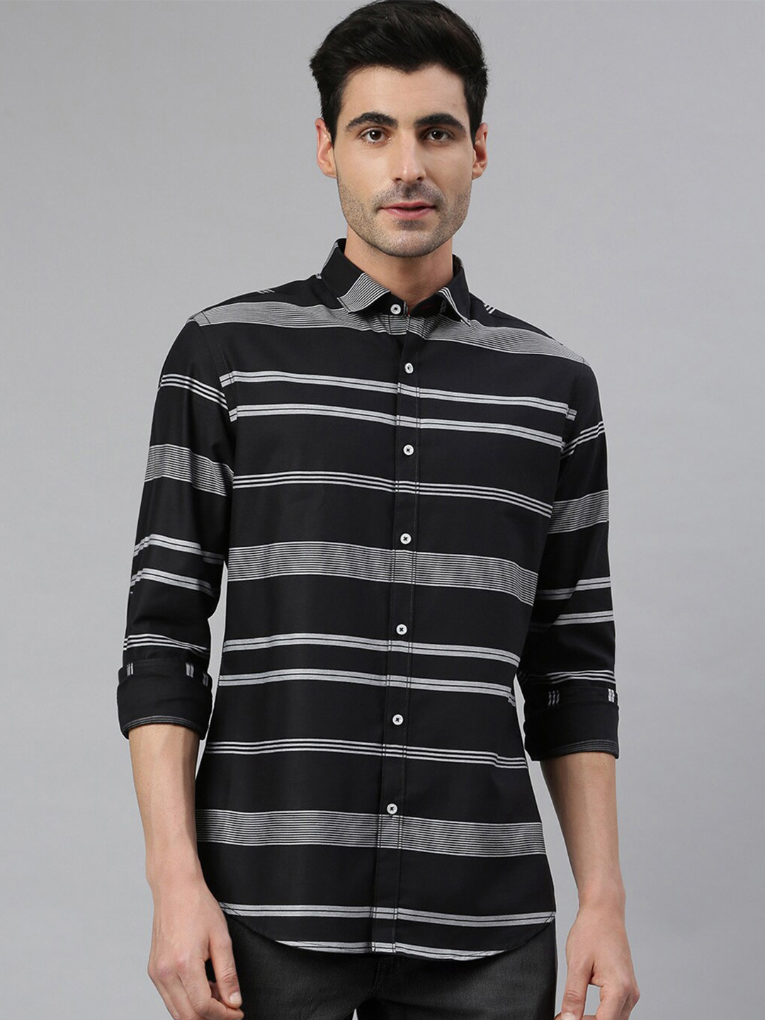 MR BUTTON Men Black Slim Fit Horizontal Stripes Striped Cotton Casual Shirt