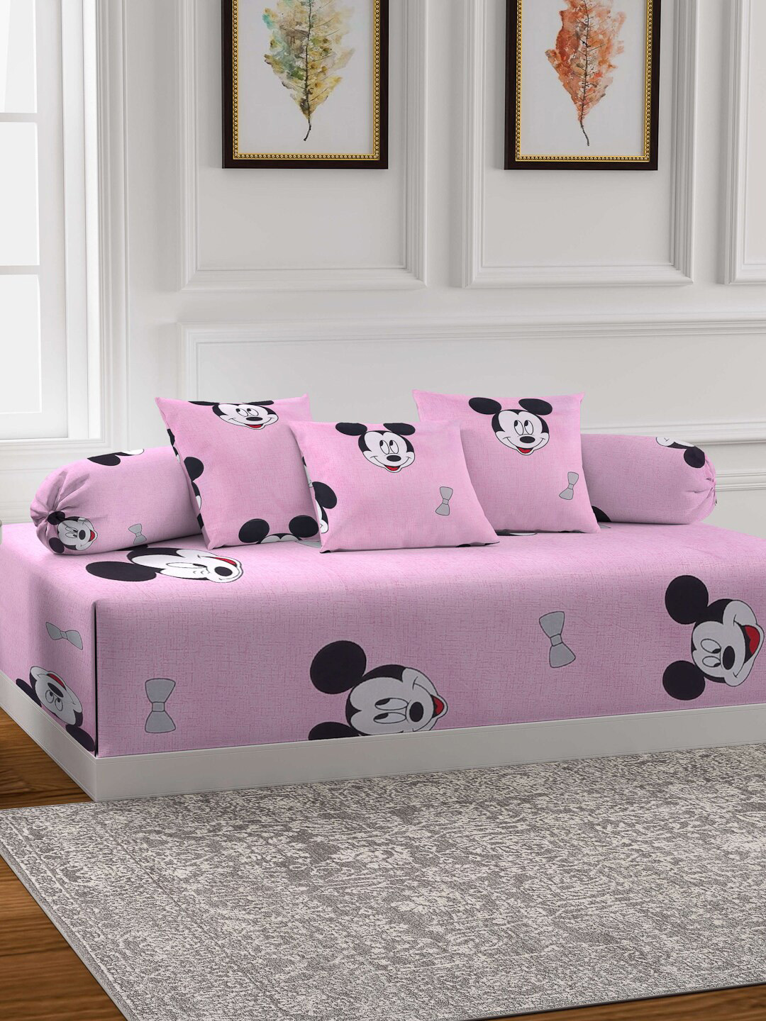 Arrabi Kids Pink Set Of 6 Printed Diwan Set With Bolsters & Cushions