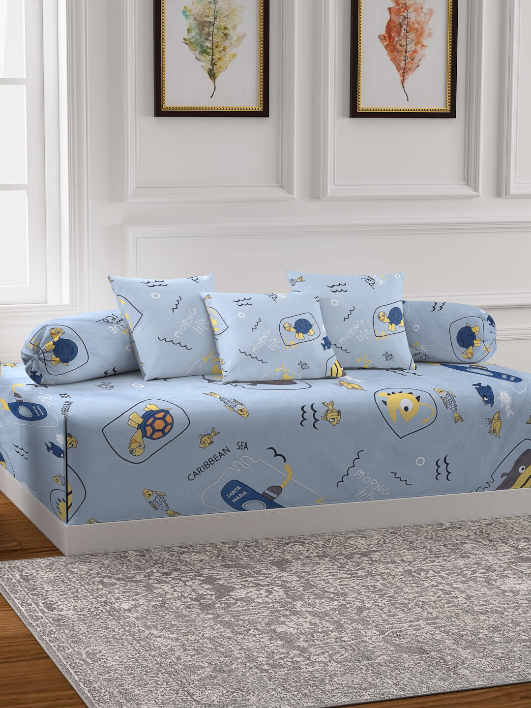 Arrabi Grey Set Of 6 Cartoon Printed Diwan Set