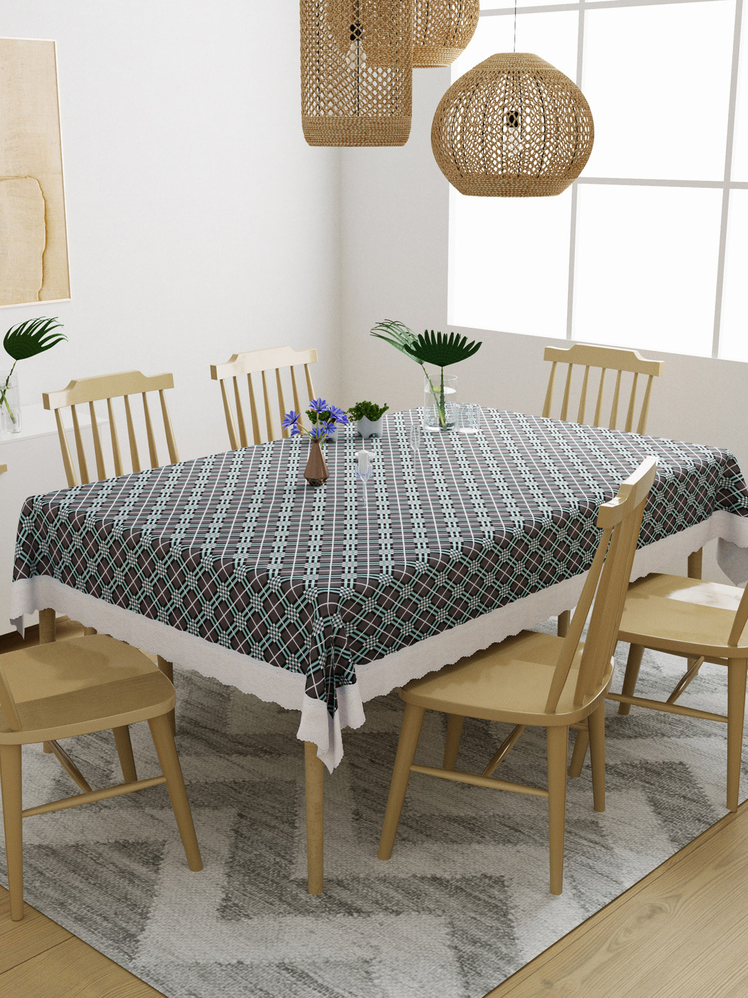 DREAM WEAVERZ Grey & Turquoise Blue Checkered 6 Seater Rectangle Dining Table Covers