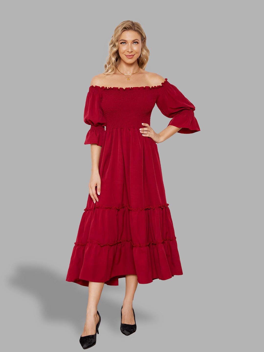 JC Collection Women Red Solid Off-Shoulder Midi Dress