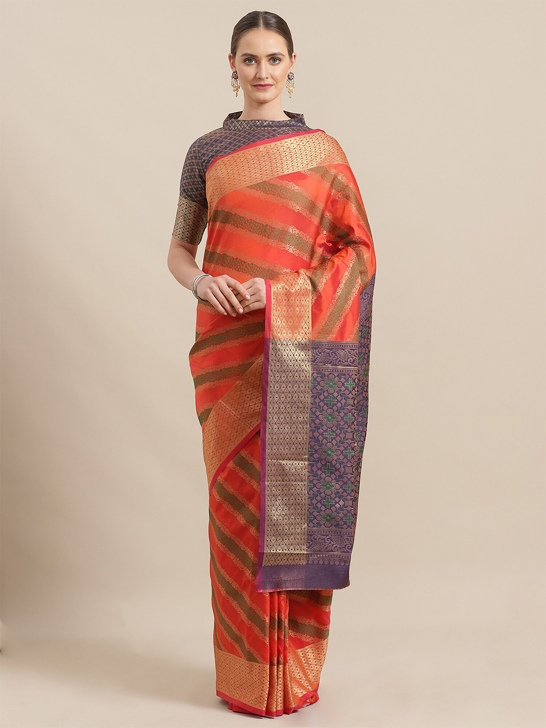 KALINI Rust & Grey Woven Design Silk Blend Saree