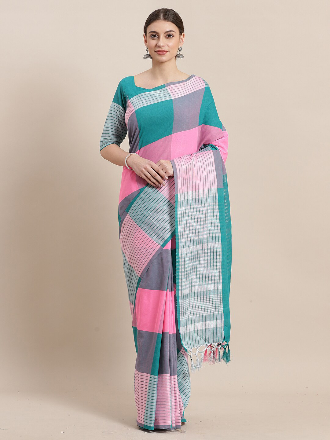 KALINI Pink & Green Colourblocked Zari Silk Cotton Saree