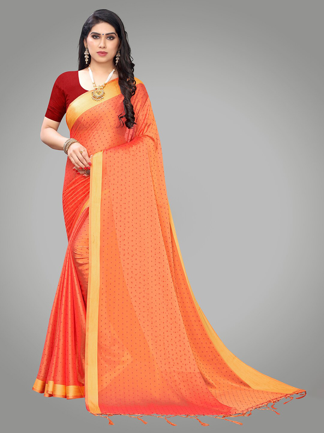 KALINI Peach-Coloured & Yellow Woven Design Poly Georgette Saree