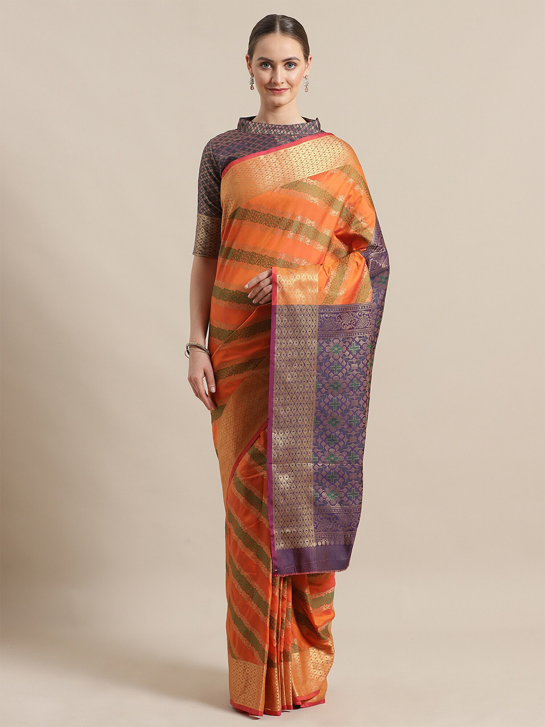 KALINI Orange & Purple Ethnic Motifs Saree