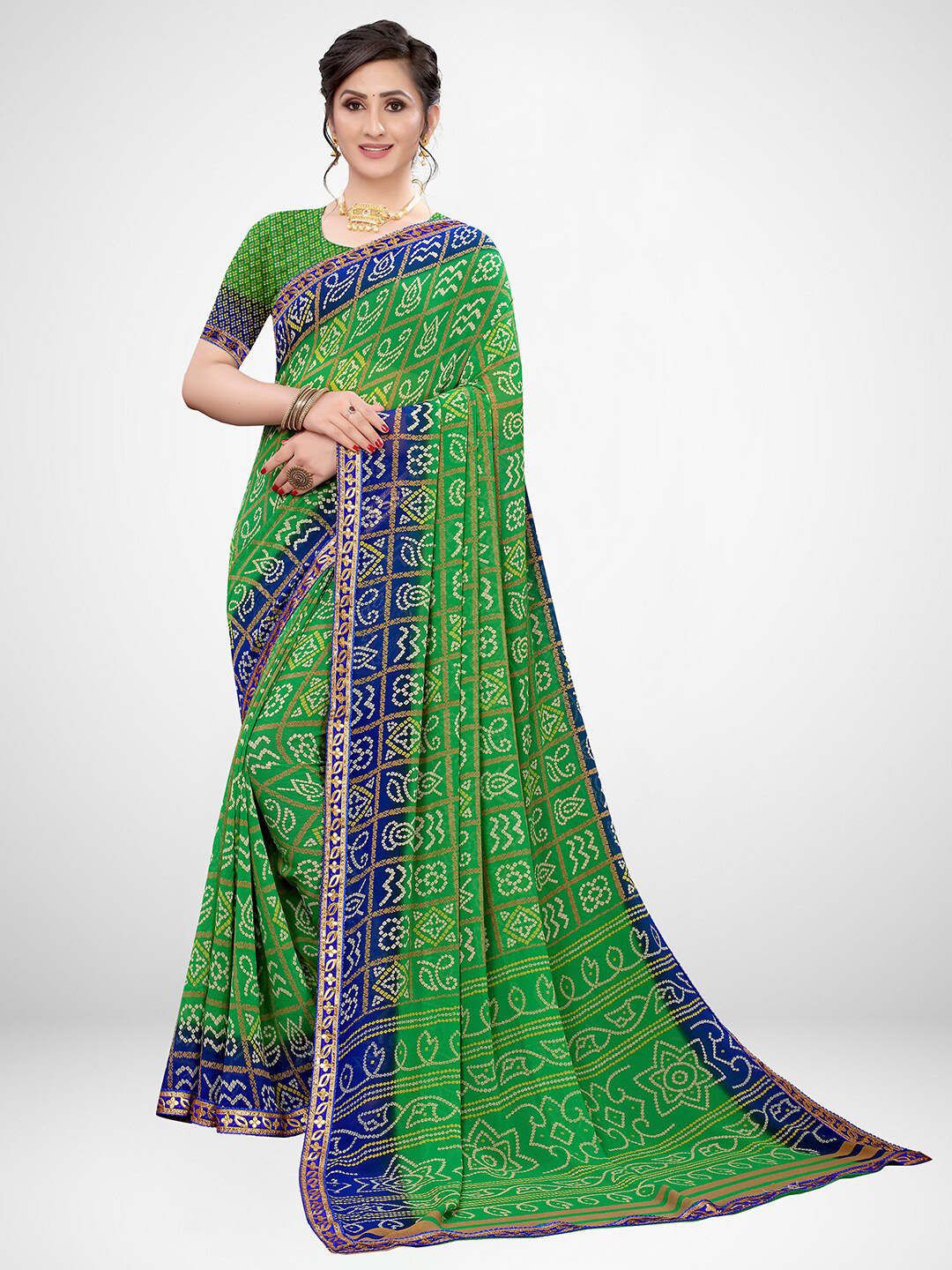 KALINI Green Blue Bandhani Poly Georgette Saree