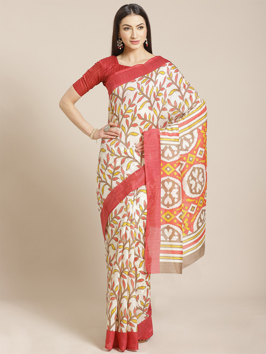 KALINI Cream-Coloured & Red Floral Silk Blend Saree