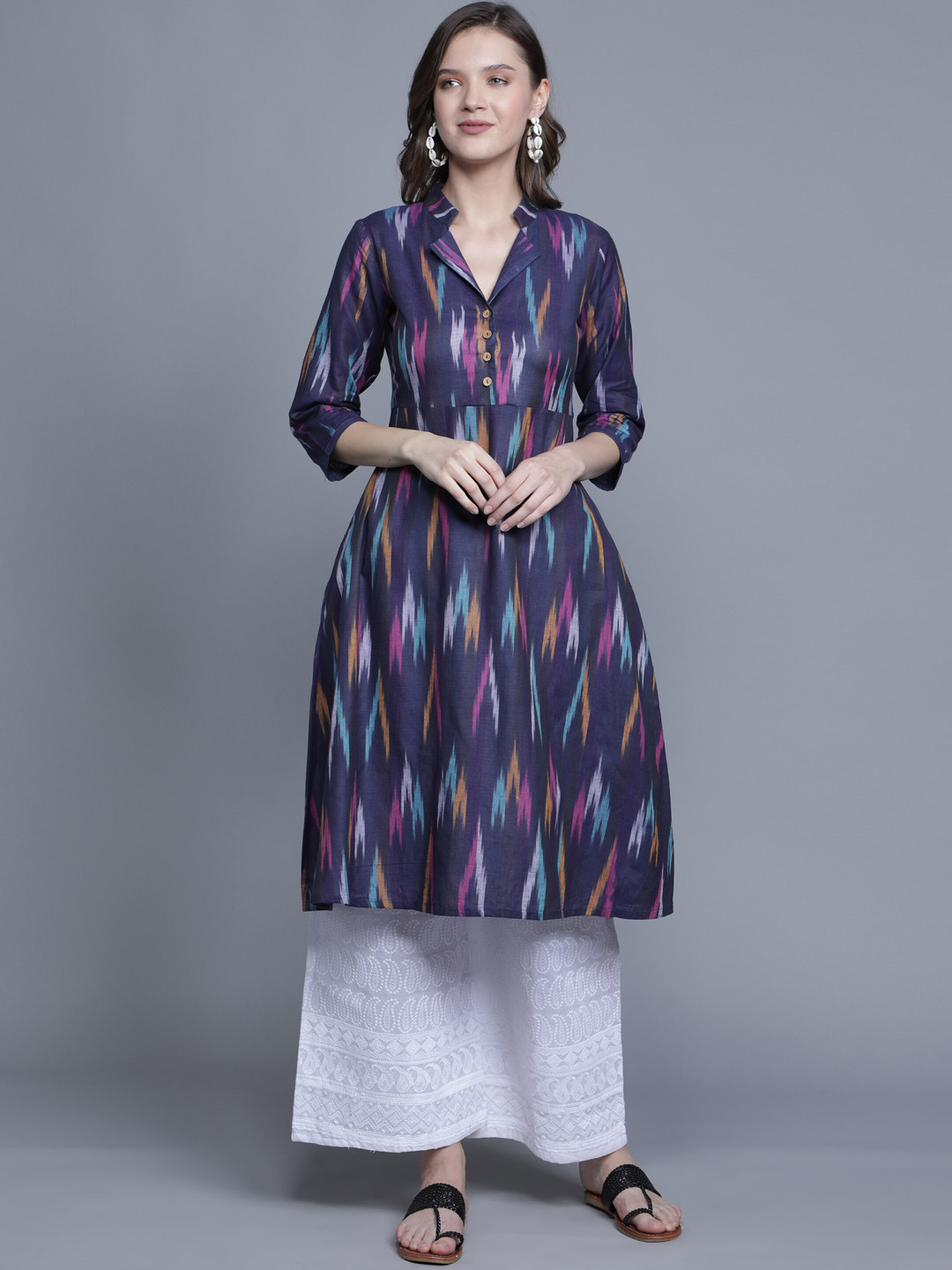 Cot'N Soft Women Blue & Pink Ikat Pure Cotton A-line Kurta